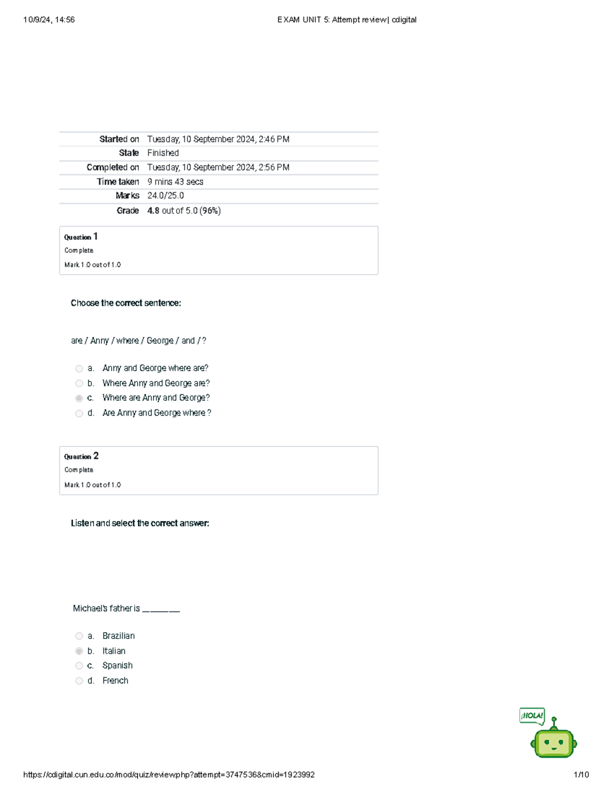 EXAM UNIT 5 Attempt review cdigital - Started on Tuesday, 10 September ...