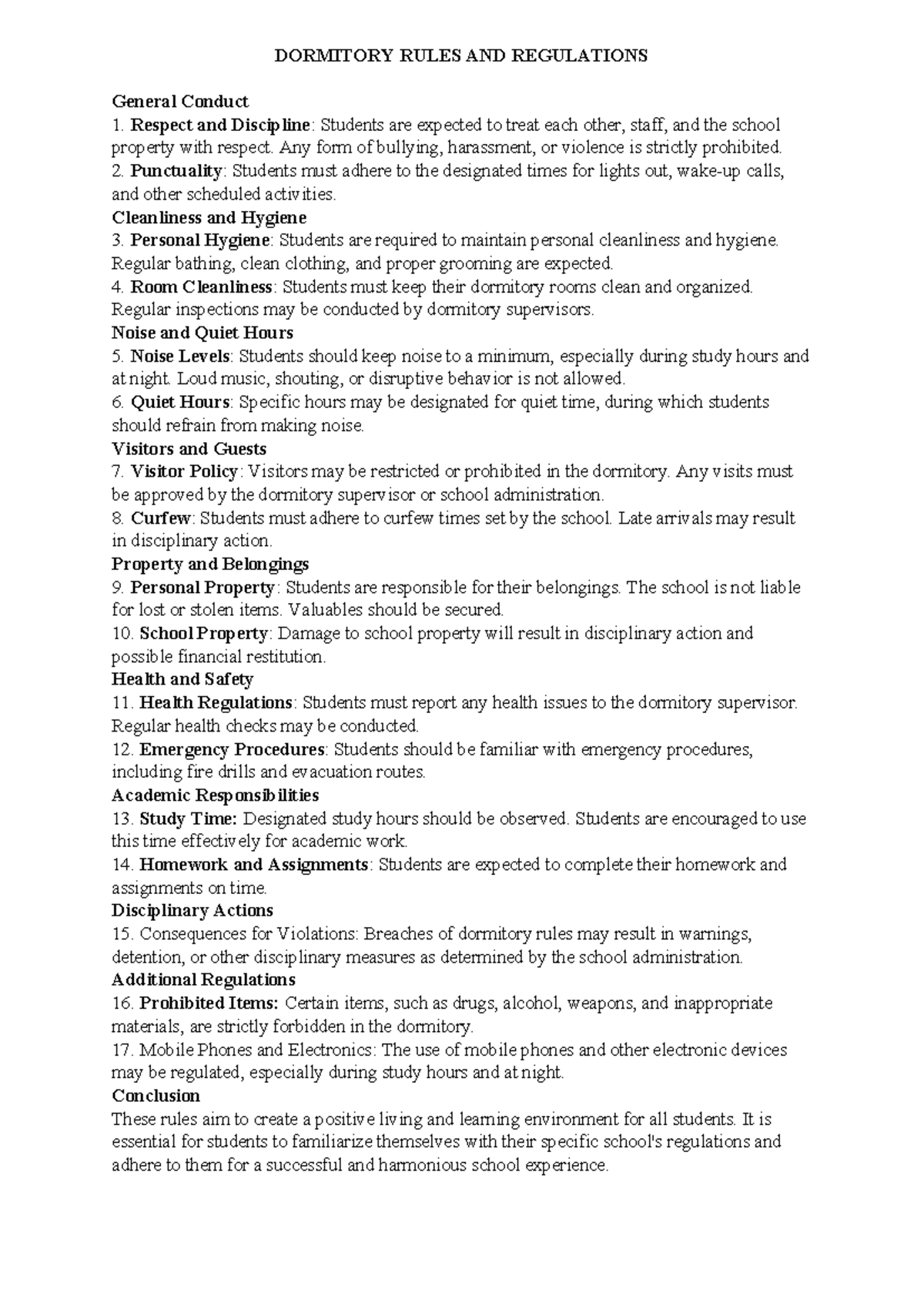 DORMITORY RULES & REGULATIONS: Guidelines for Student Conduct - Studocu