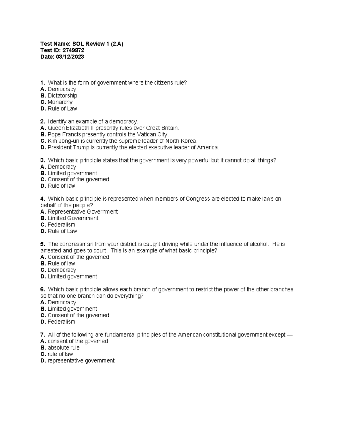 SOL Review 1 (2.A) - Government Principles Test Notes - Studocu