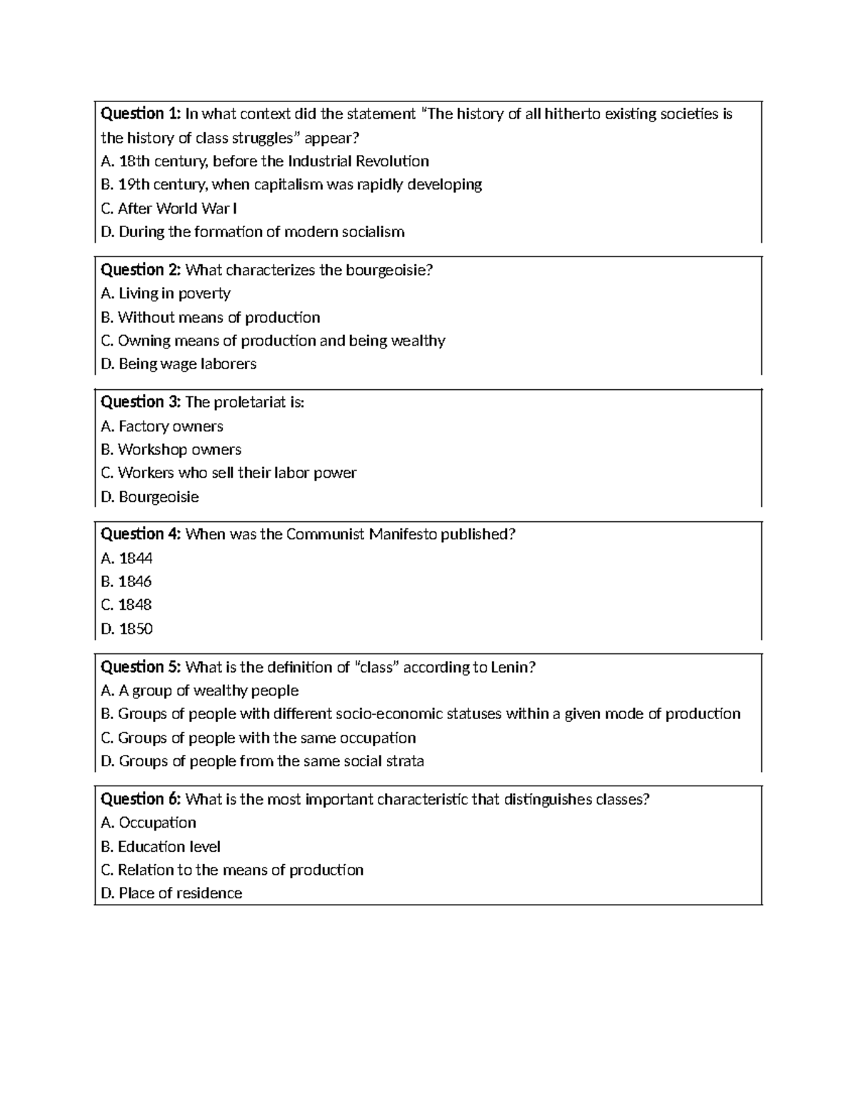 Marxist Theory Quiz: Key Concepts and Class Struggle (Course Code: 101 ...