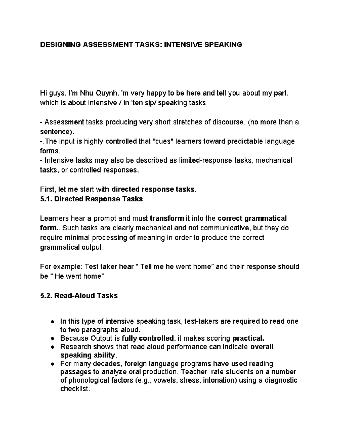 DESIGNING ASSESSMENT TASKS: INTENSIVE SPEAKING (ENG 101) - Studocu
