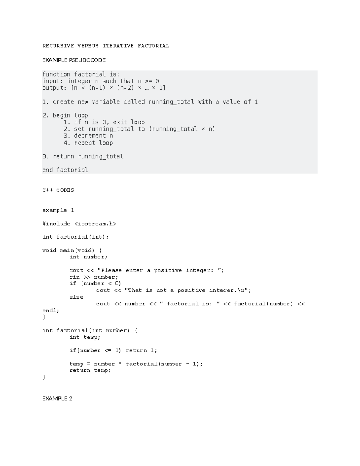 Recursive Factorial in C++ example of code FOR Class Practice ...