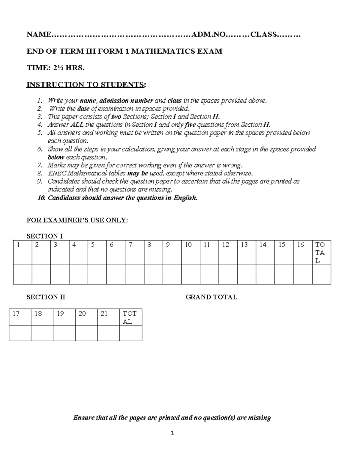 Mathematics FORM 1 1 - Assignment - - Studocu