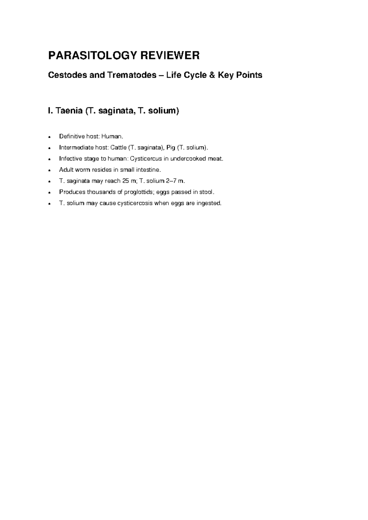 Parasitology Reviewer A4: Cestodes & Trematodes Life Cycle Insights ...