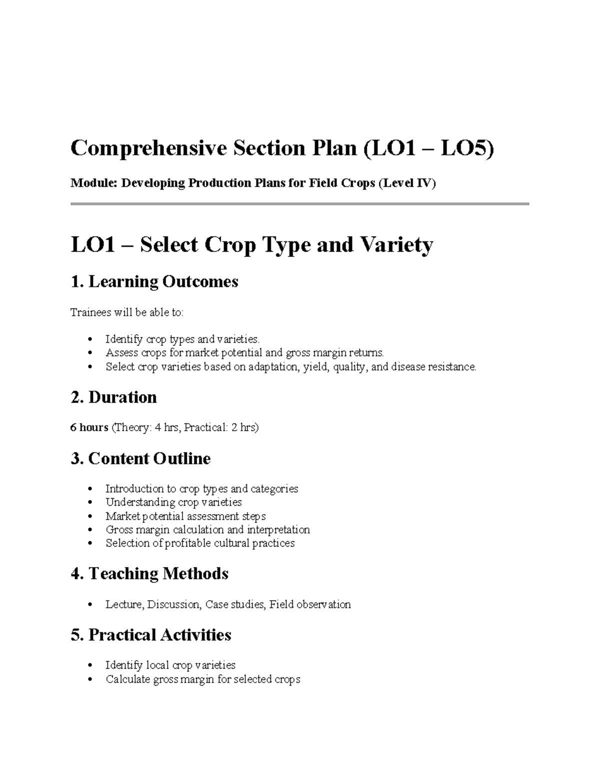 Crop Production Plan (LO1 LO5) - Level IV Comprehensive Guide - Studocu