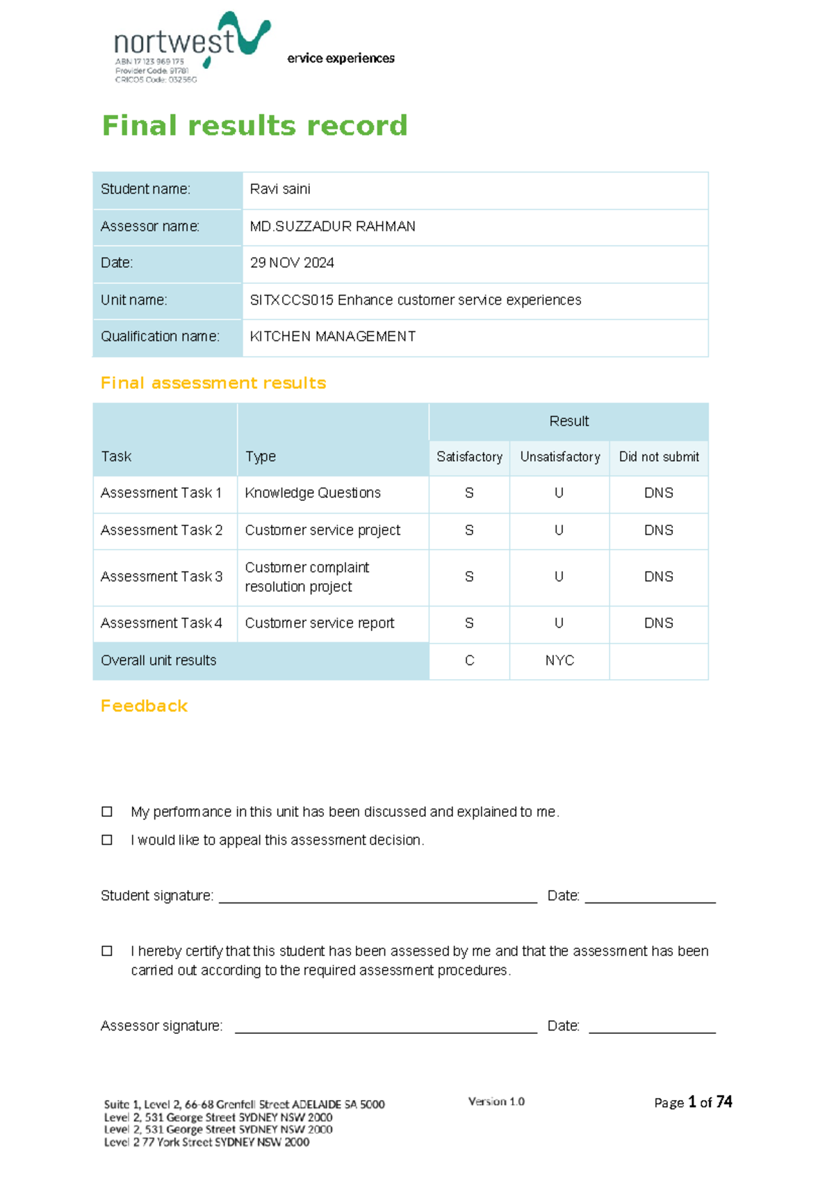 SITXCCS015 Final Assessment Results for Customer Service Experience ...