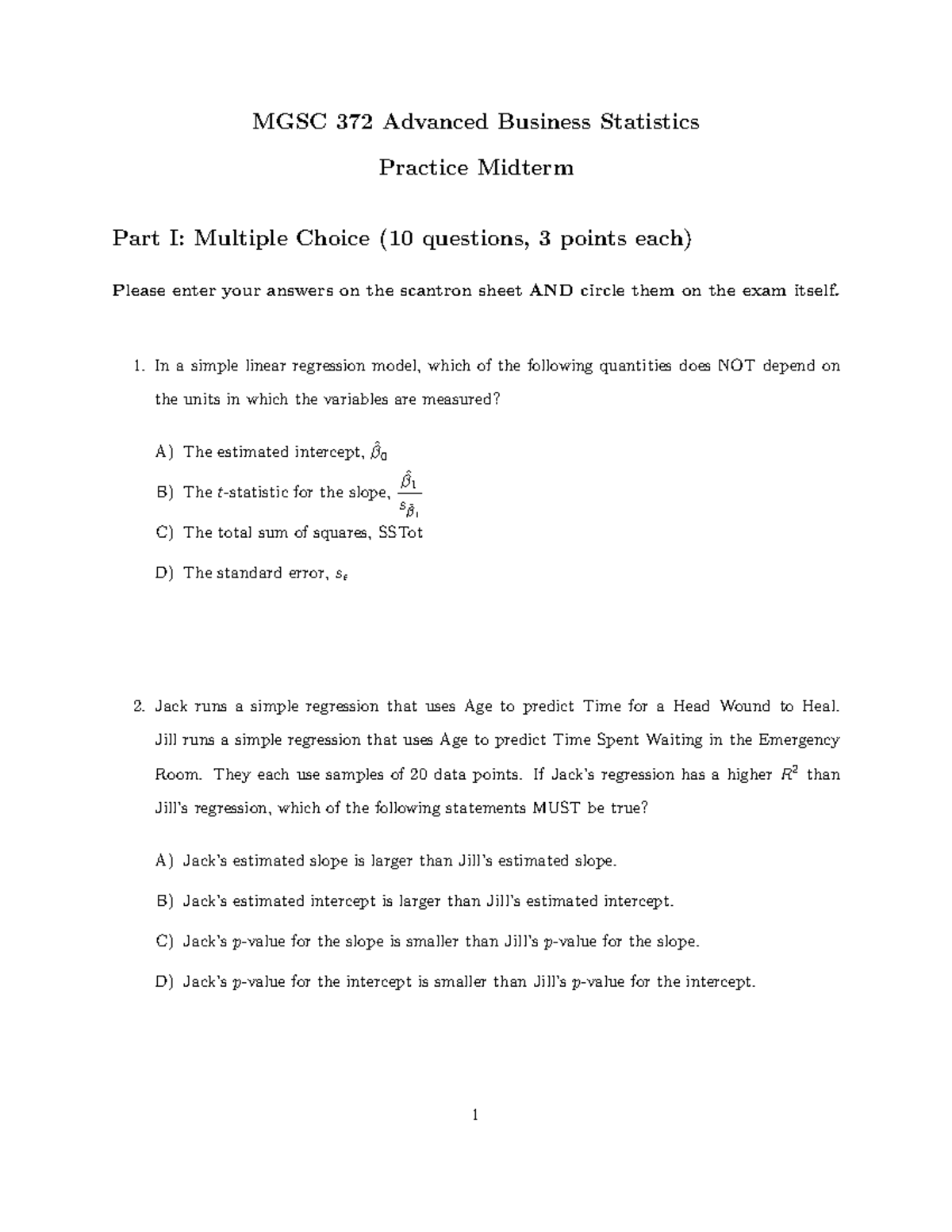 MGSC 372 Advanced Business Statistics Practice Midterm Part I & II ...