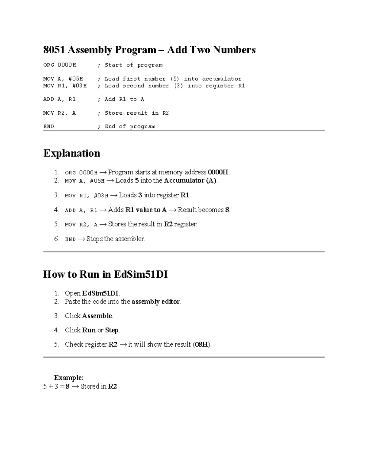 8051 Assembly Program: Add Two Numbers - Basic Guide - Studocu