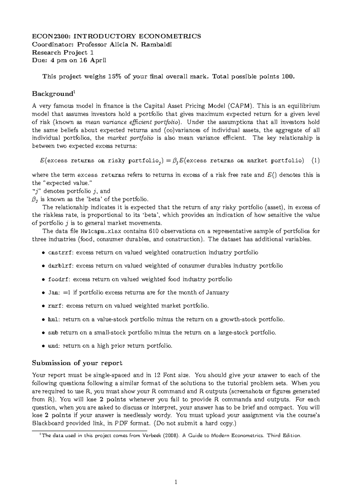 Research Project 1: CAPM Analysis in Introductory Econometrics ...