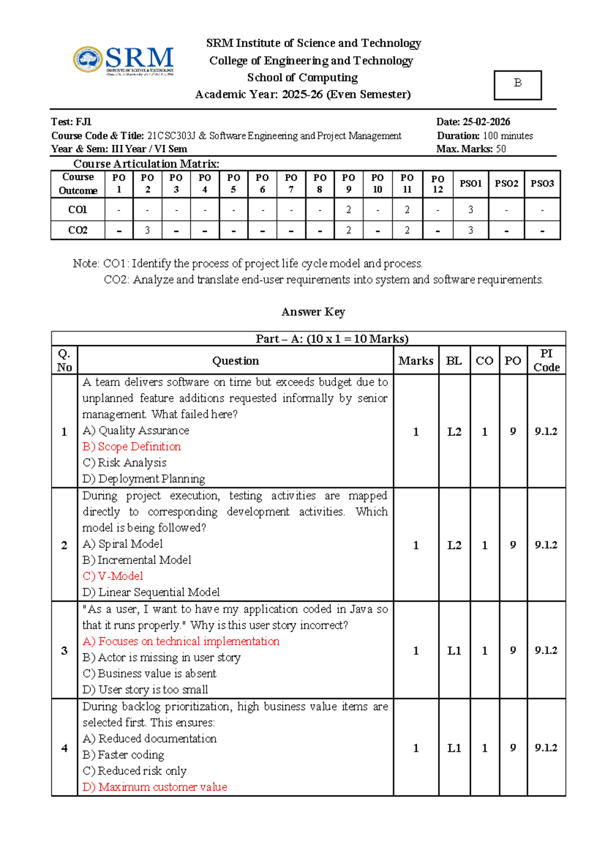 21CSC303J Software Engineering & Project Management: Set B Answer Key ...