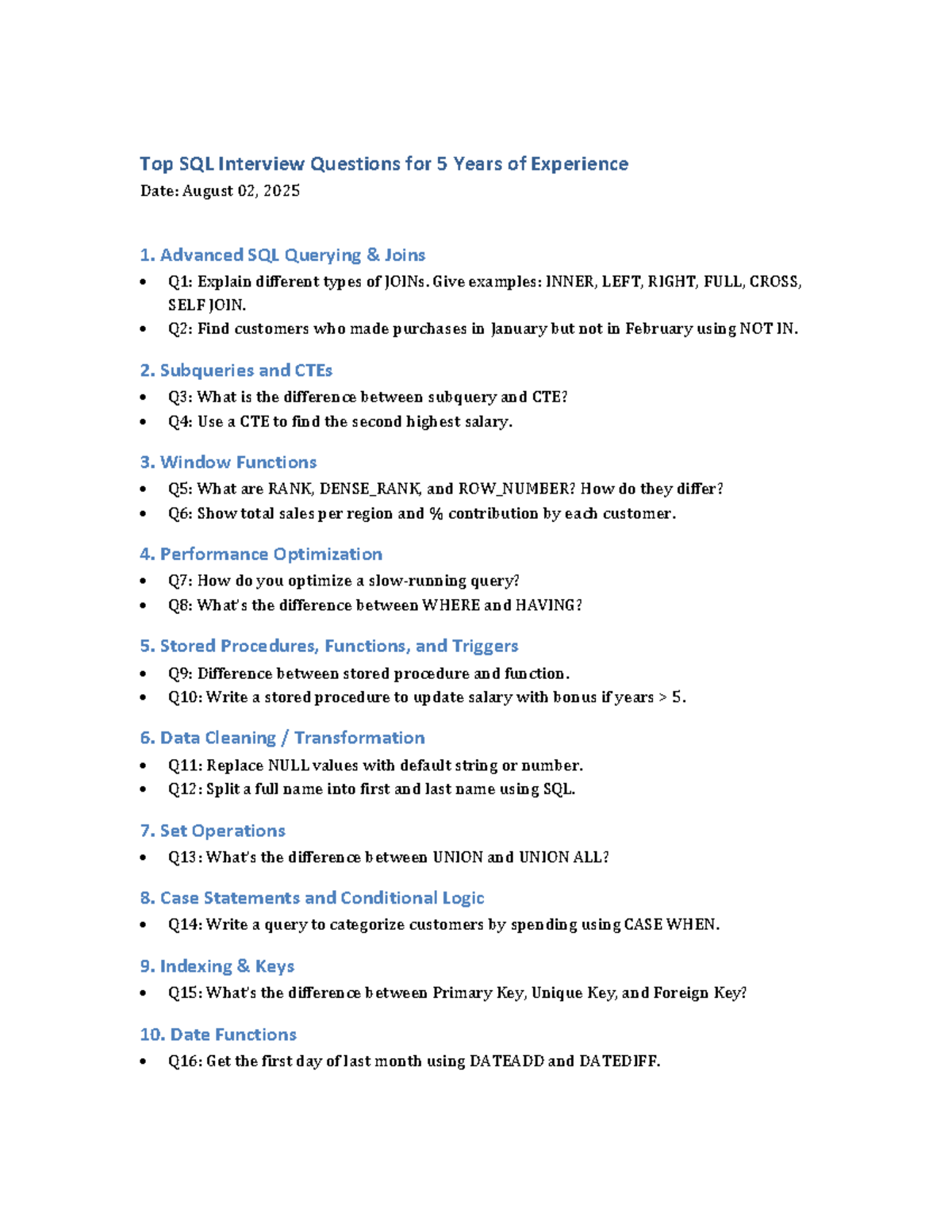 SQL Interview Questions for 5 Years Experience: Advanced Topics - Studocu