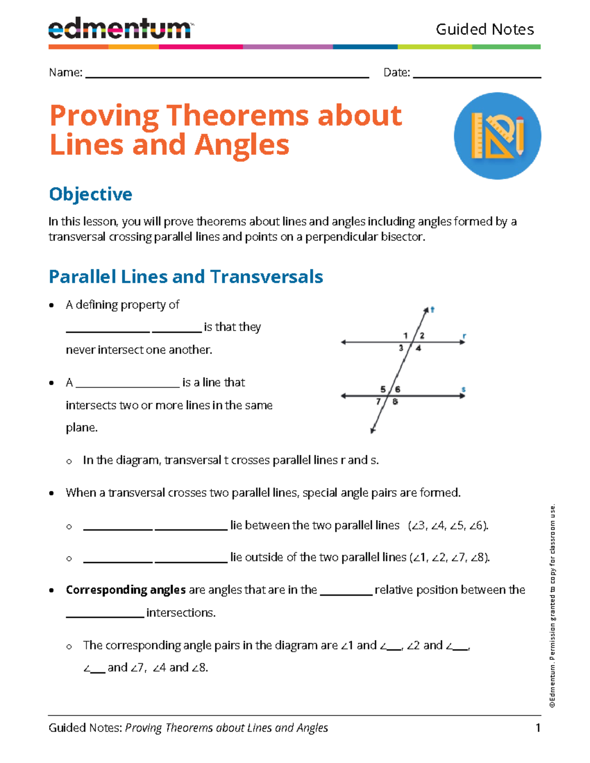 Guided Notes - Proving Theorems about Lines and Angles - ©Edmentum ...