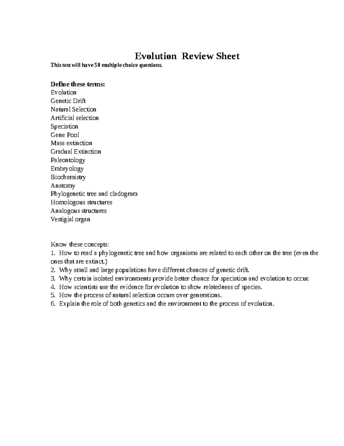 Evolution Review Sheet: Key Concepts and Practice Test for BIO 101 ...