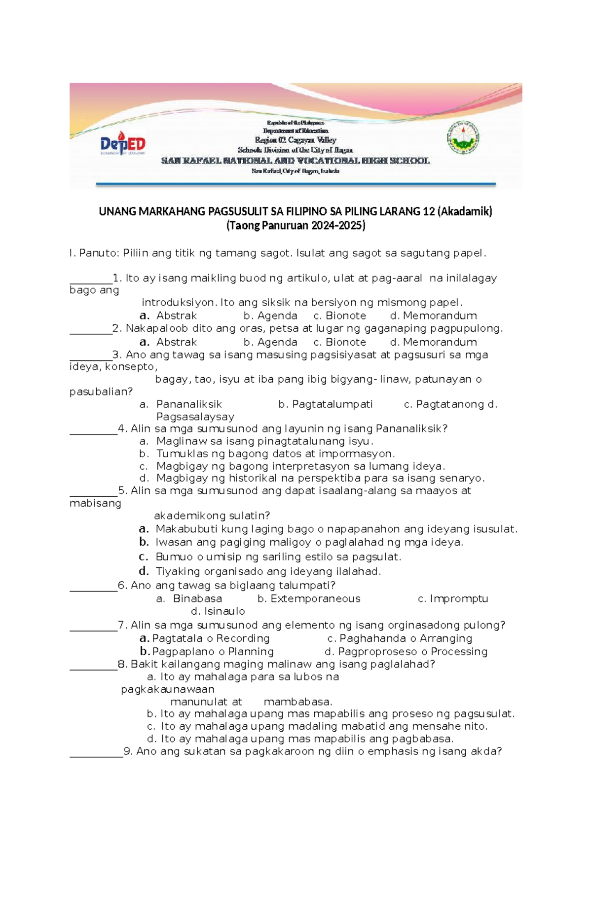 Unang Markahang Pagsusulit sa Filipino 12 (Akademik) - Mga Tanong at ...