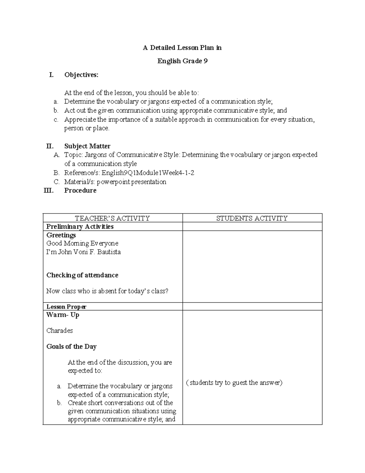 Grade 9 English Lesson Plan: Understanding Communicative Styles - Studocu