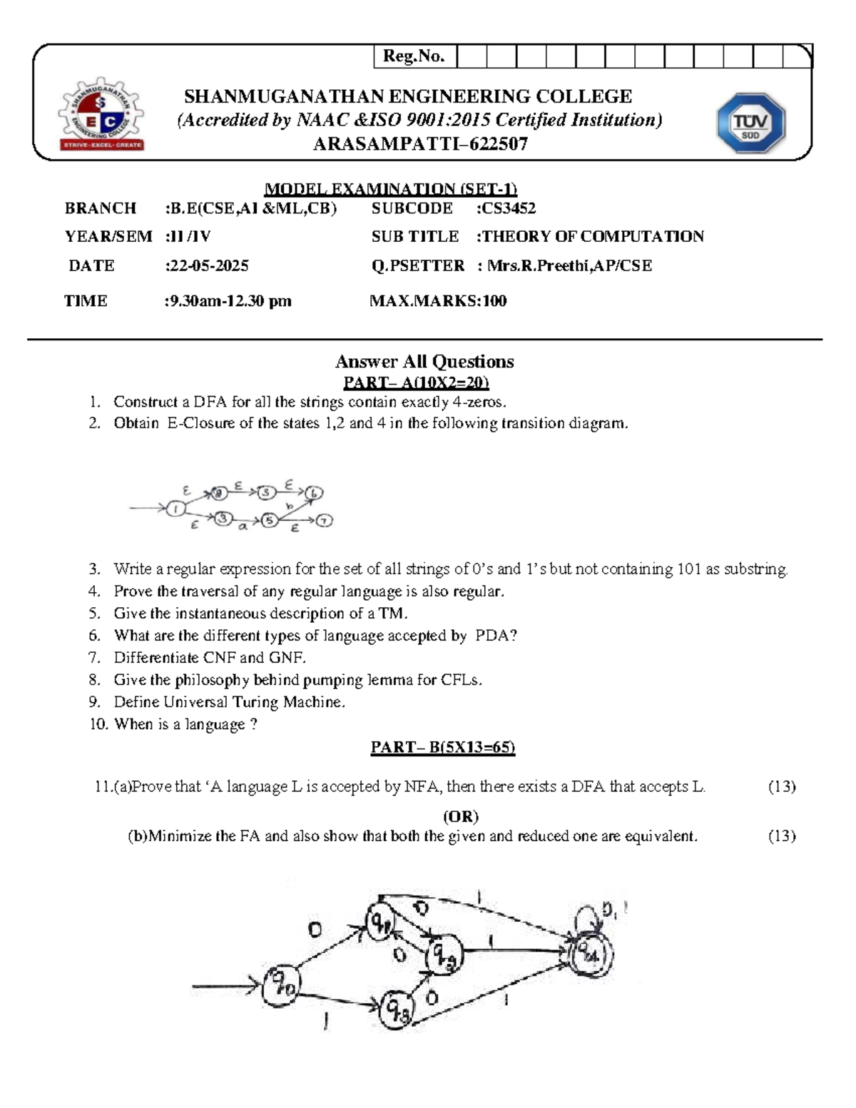CS3452 Model Exam: Theory of Computation Questions and Solutions - Studocu