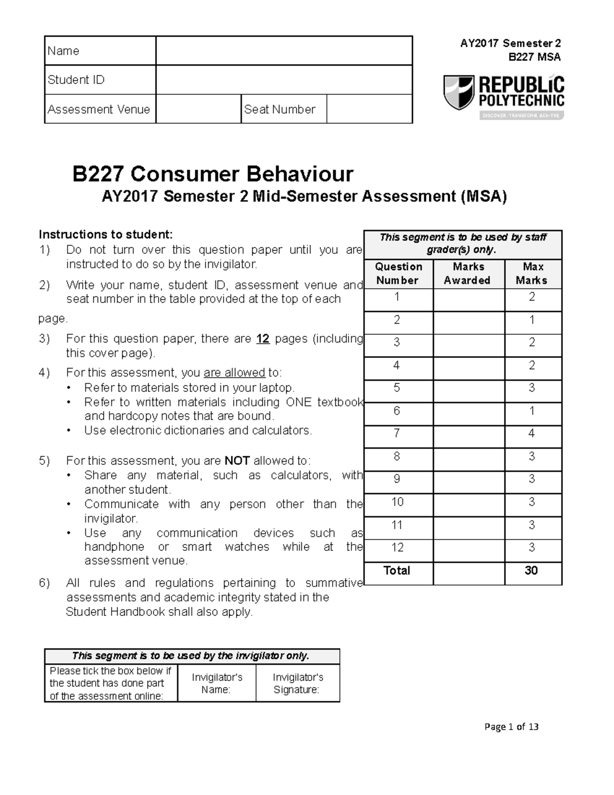 AY2017 Sem 2 B227 Consumer Behaviour Mid-Sem Assessment (MSA) - Studocu