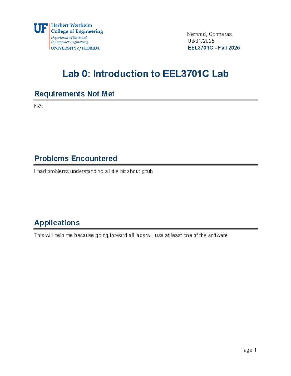 EEL3701C Fall 2025 Lab 0: Intro to GitHub Applications Issues - Studocu