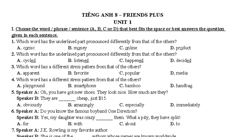 TIẾNG ANH 8 - FRIENDS PLUS UNIT 1 Homework Exercises - Studocu