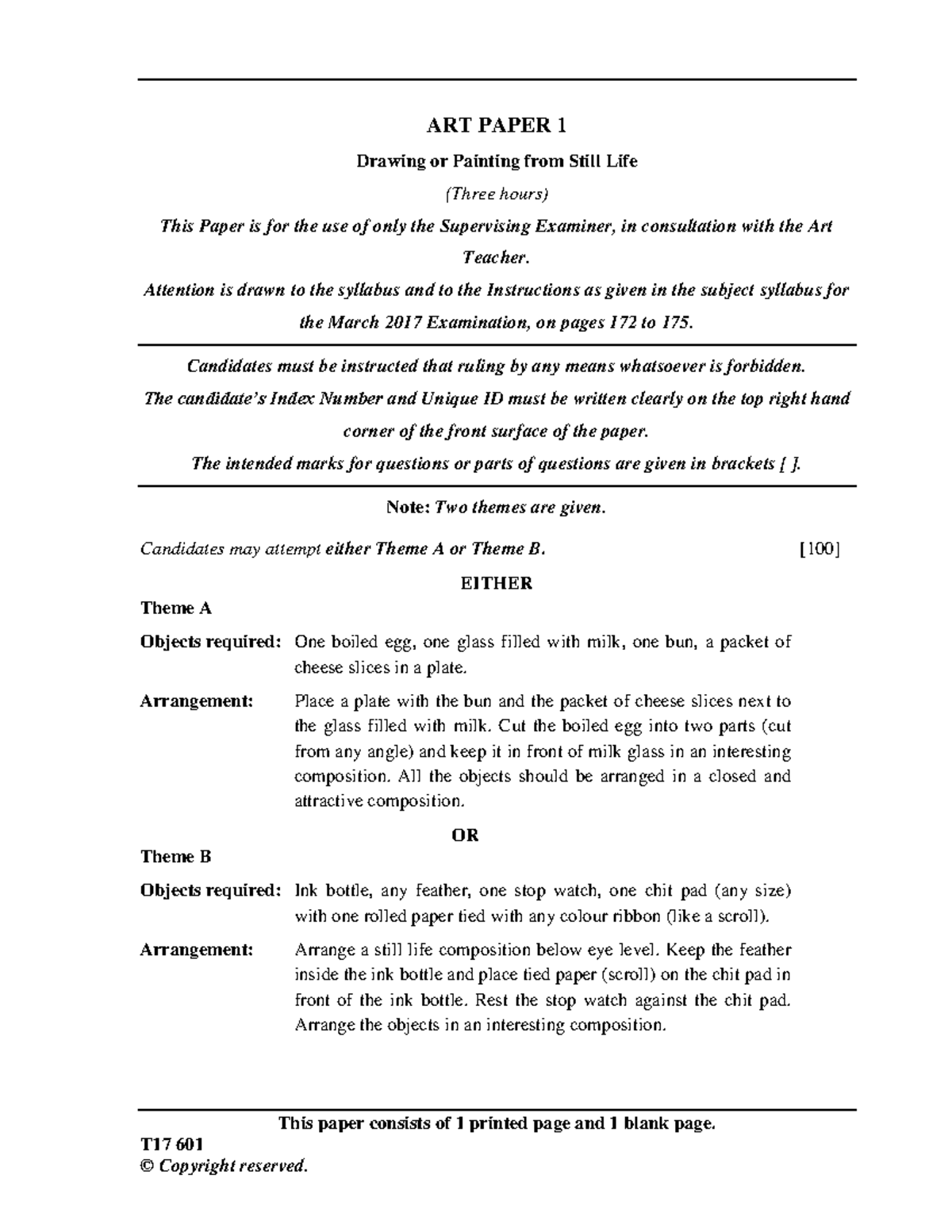 601 ART Paper 1 - Still Life Drawing/Painting Exam Instructions - Studocu