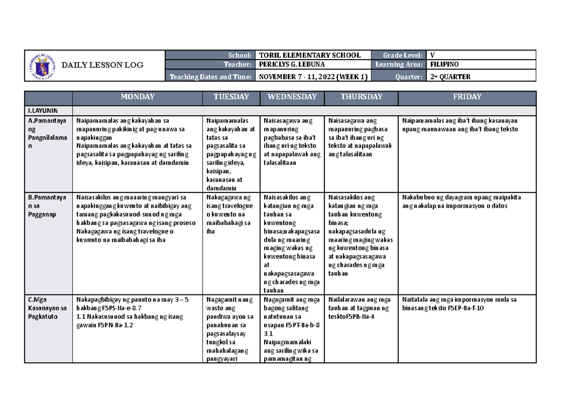 Filipino 5 Week 1 - lesson log - DAILY LESSON LOG School: TORIL ...