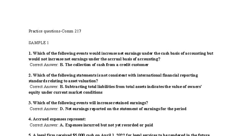 Practice Questions for Comm 217: Accounting Concepts and Cash Flow ...