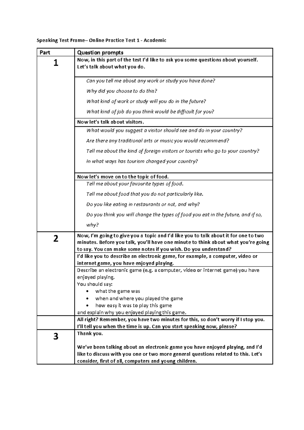 Speaking Test Online Practice - Academic Part 1 Prompts - Studocu