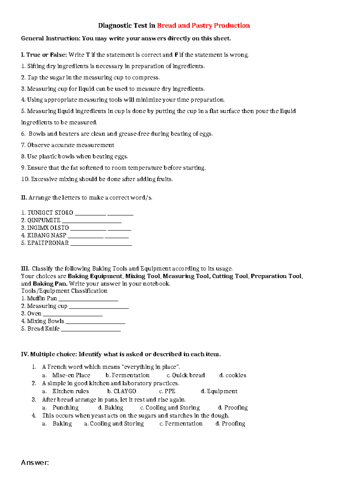 Diagnostic Test Q1: Bread and Pastry Production - Studocu