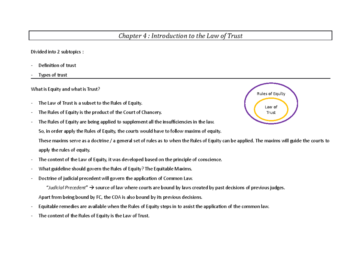 Equity & Trusts Notes: Overview of Trust Law in Malaysian Context - Studocu