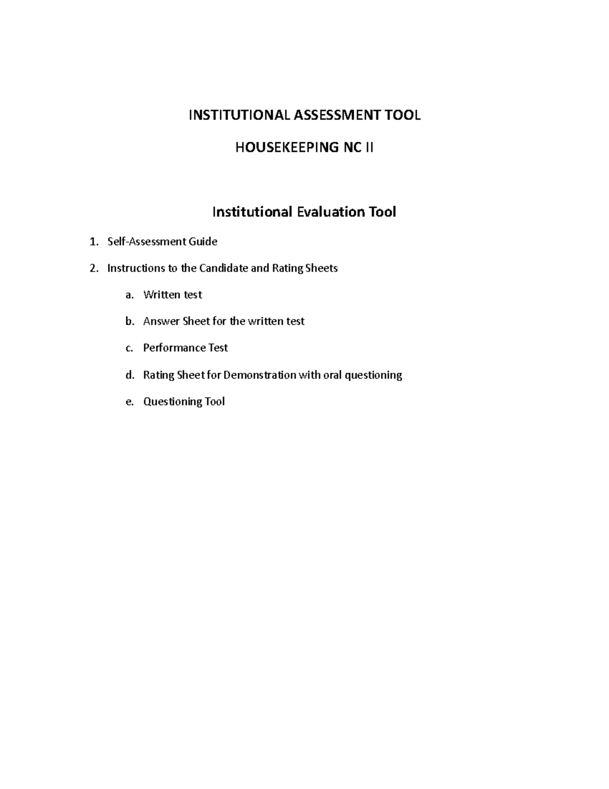 Housekeeping NC II - Institutional Assessment Tool for Candidates - Studocu