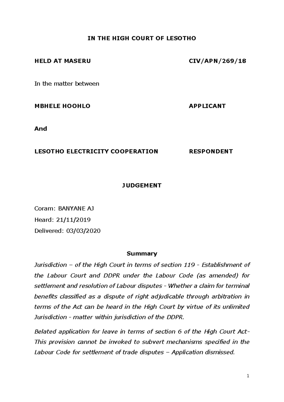hoohlo-v-lesotho-electricity-cooperation-high-court-jurisdiction