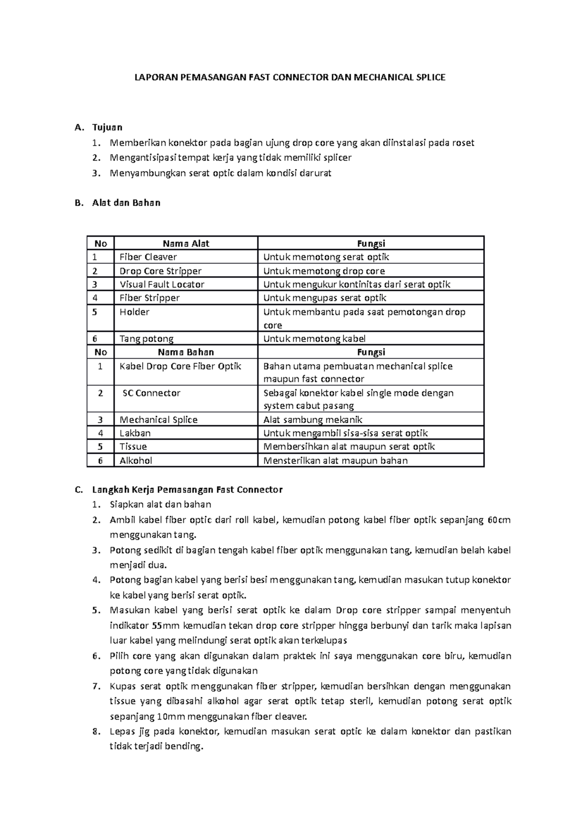 Laporan Praktikum Pemasangan Fast Connector dan Splice Mekanikal - Document Preview