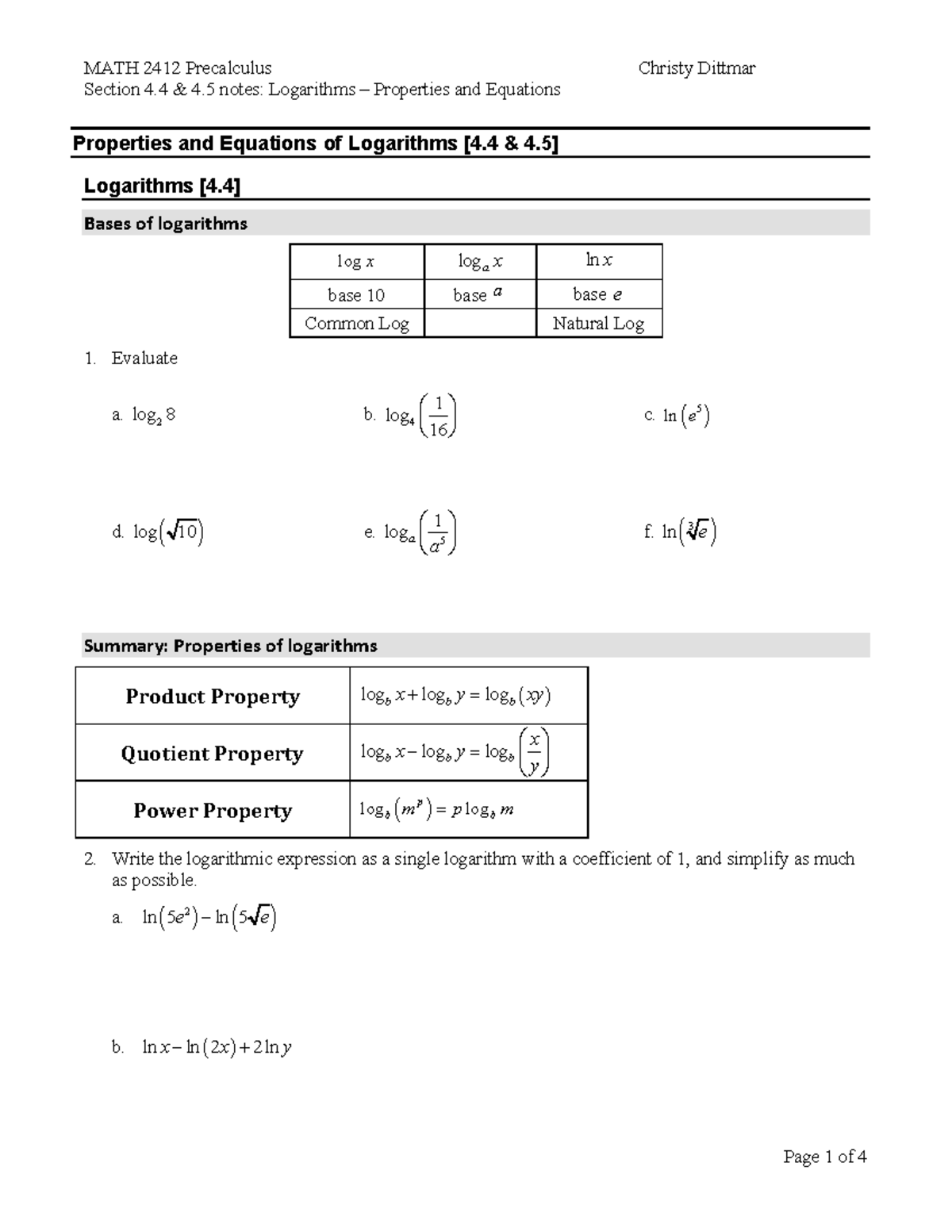 Notes 4-4 4-5 Logarithms - Properties and Equations - Section 4 & 4 ...
