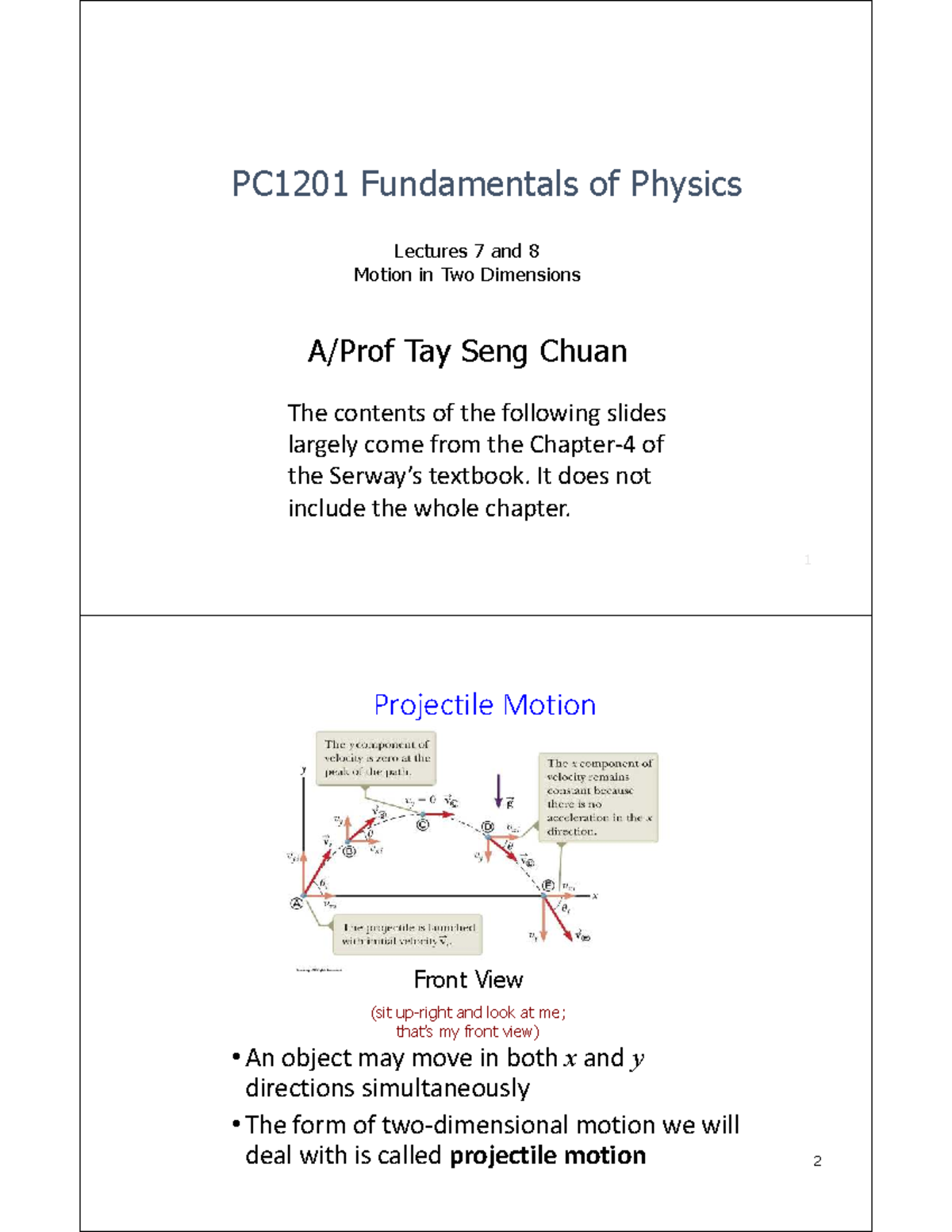 PC1201 Lecture Notes on Two-Dimensional Motion: Projectile & Circular ...