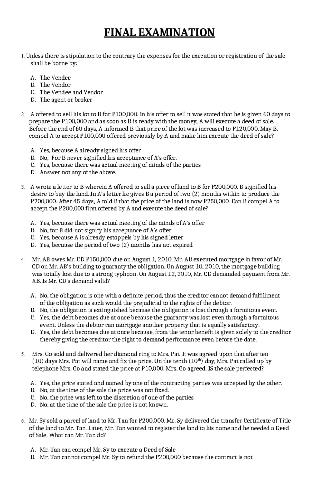 FINAL EXAMINATION LAW ON SALES: TEST QUESTIONS - Studocu