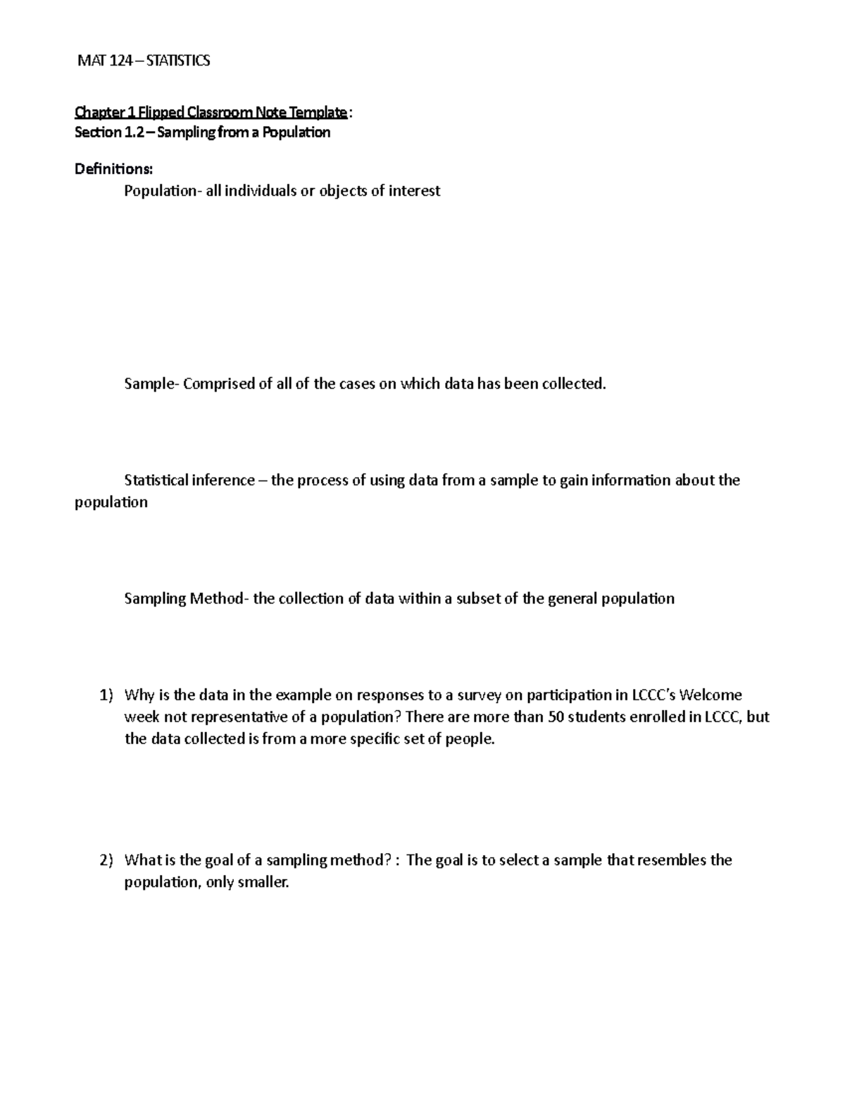 1.2 Flipped Notes - homework study. - MAT 124 – STATISTICS Chapter 1 ...