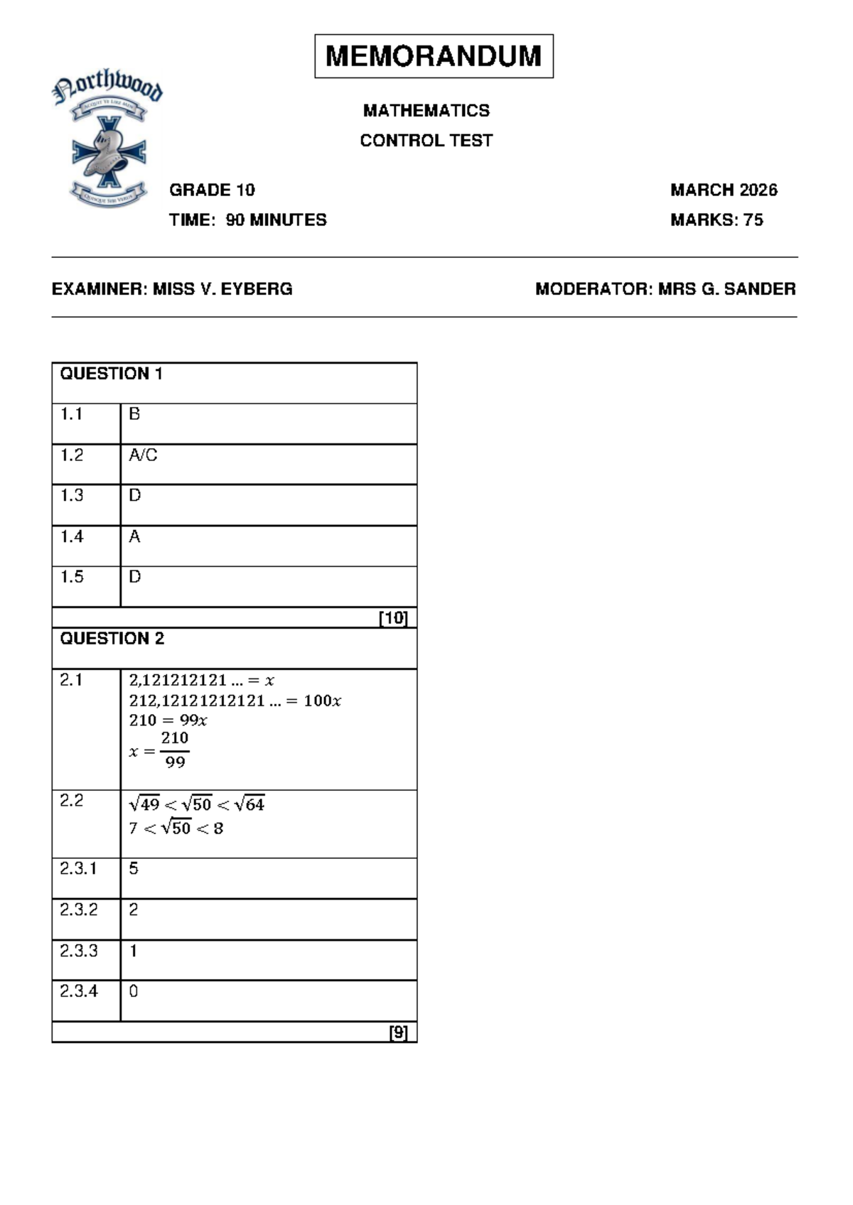 MATHEMATICS GRADE 10 CONTROL TEST MEMO MARCH 2026 - Studocu