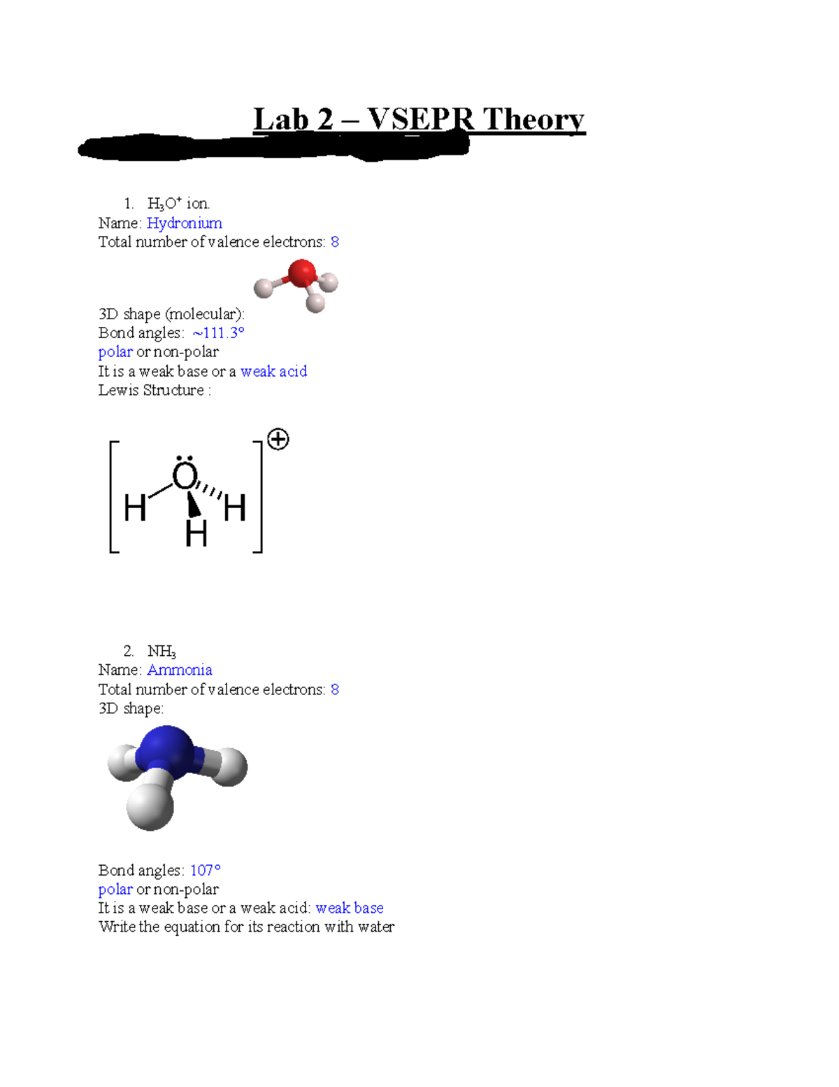VSEPR Theory Lab Report - H3O+, NH3, NH4+, and More - Studocu, image size:1200x1553