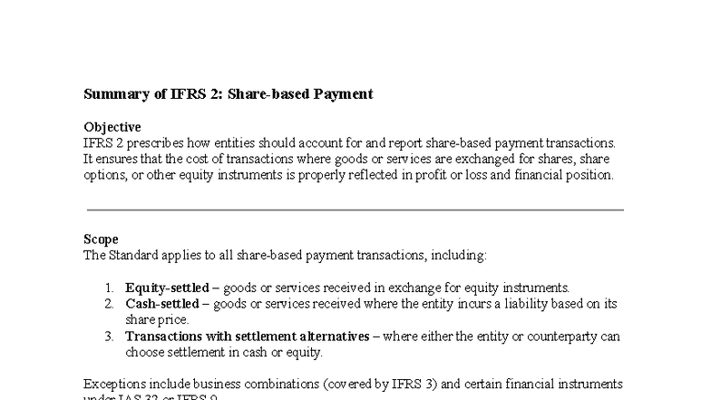 IFRS 2 Summary Of Share Based Payment Transactions Studocu