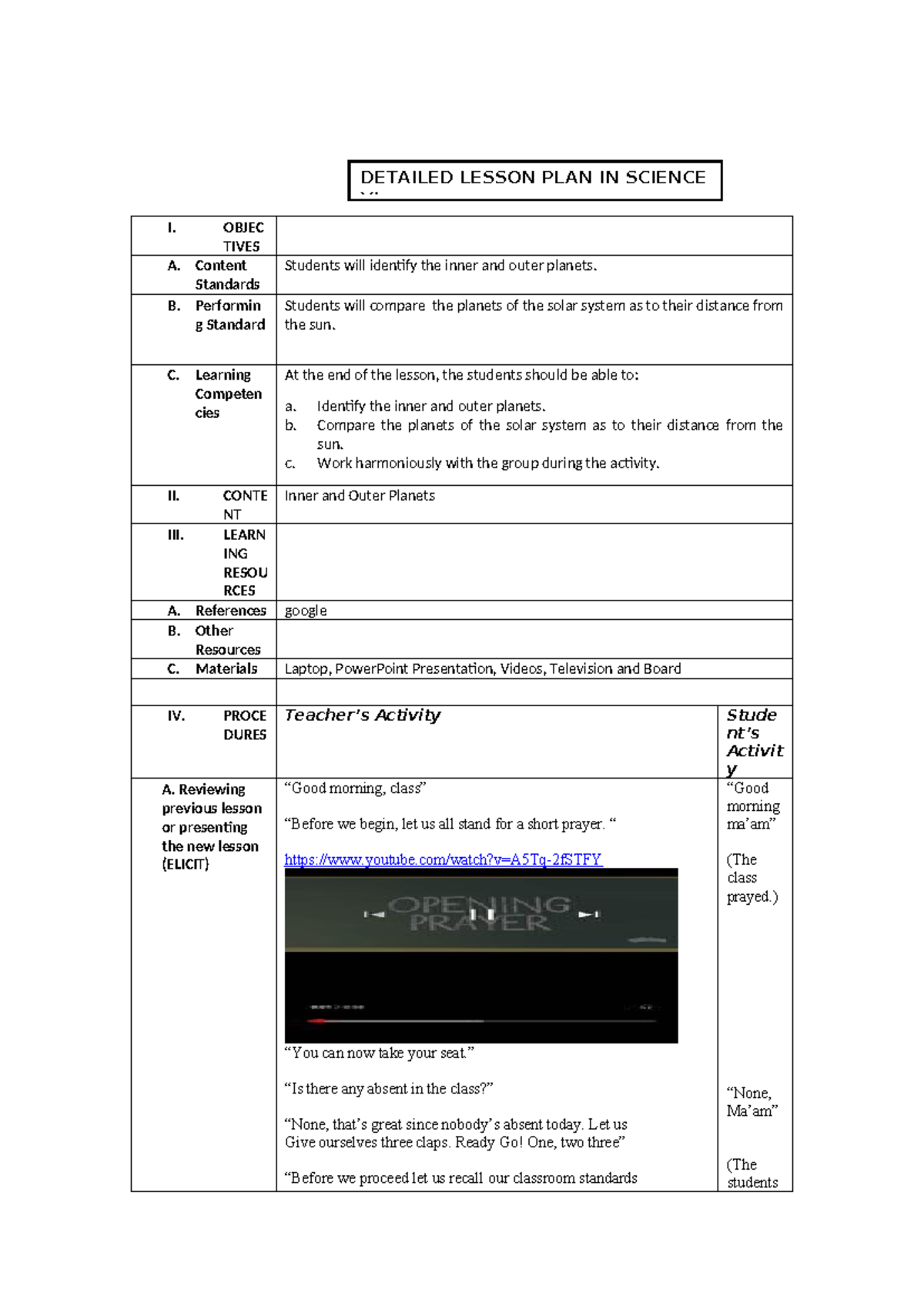 DLP: Detailed Lesson Plan on Inner and Outer Planets for Science VI ...