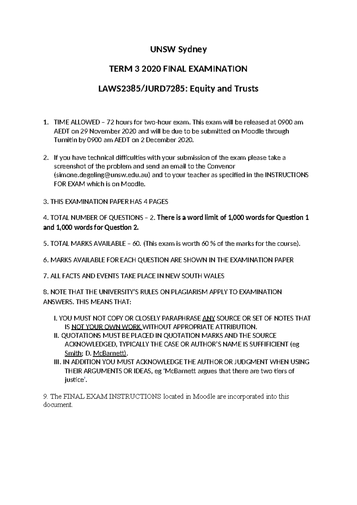 LAWS2385/JURD7285 T3 2020 Final Exam Instructions and Questions - Studocu