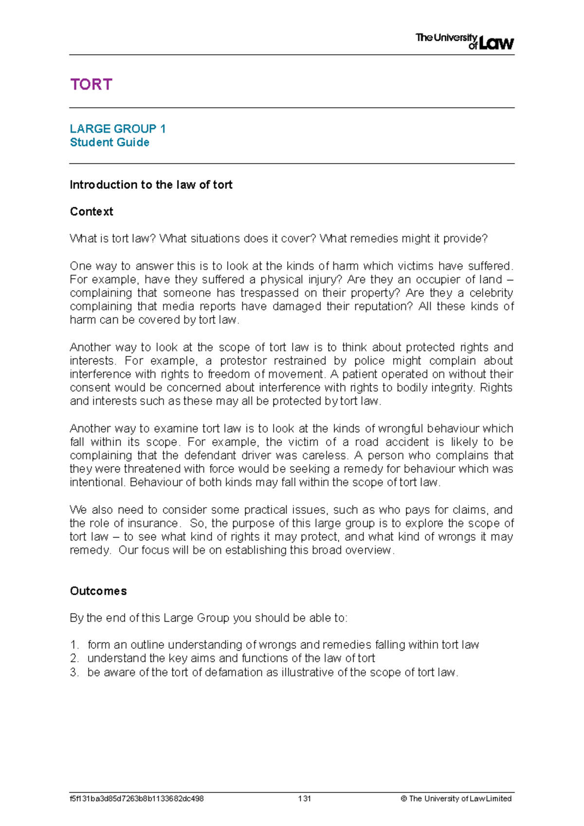 LG 1 Student guide - TORT LARGE GROUP 1 Student Guide Introduction to ...