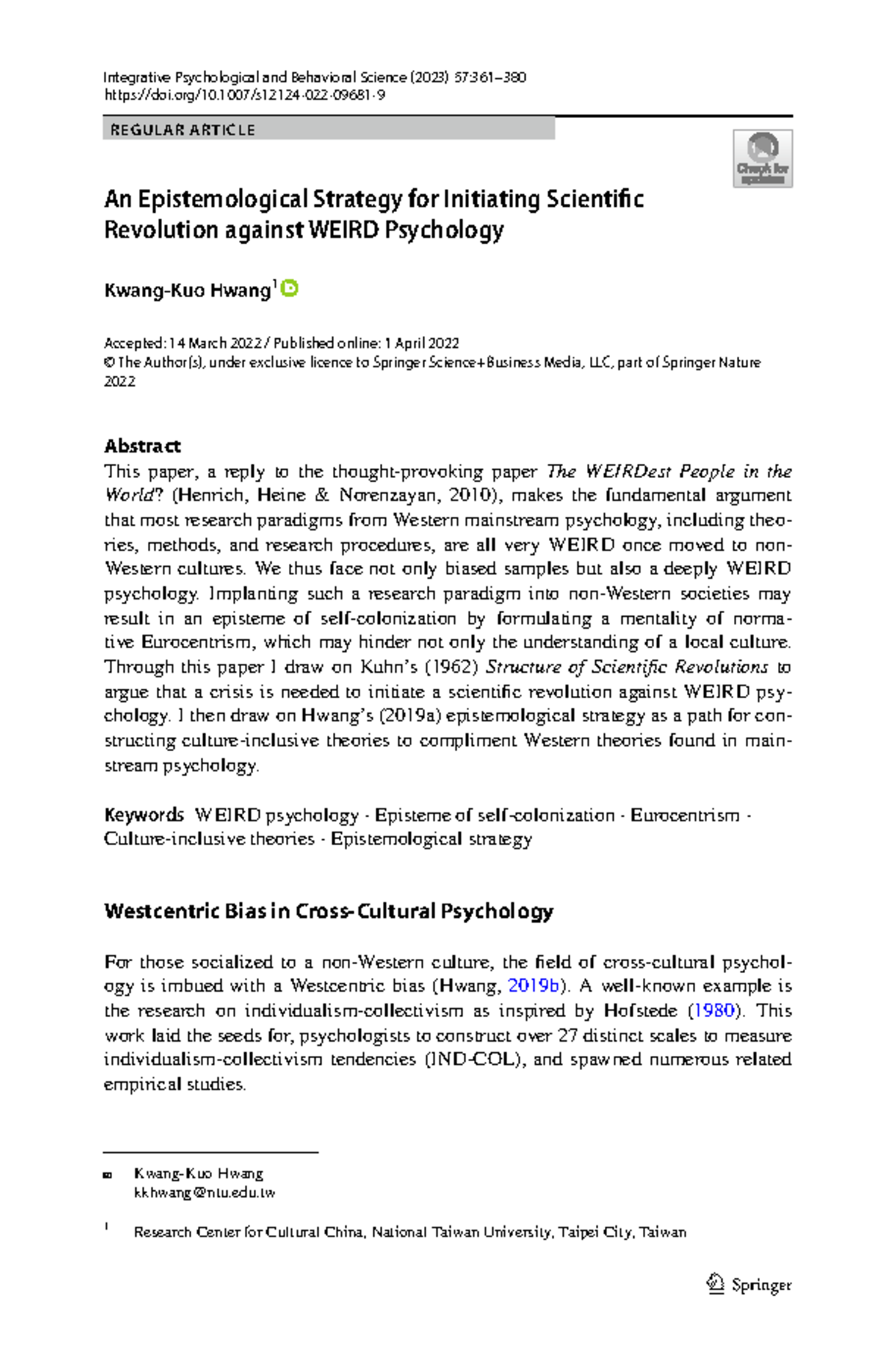 A Scientific Revolution Against WEIRD Psychology: An Epistemological ...