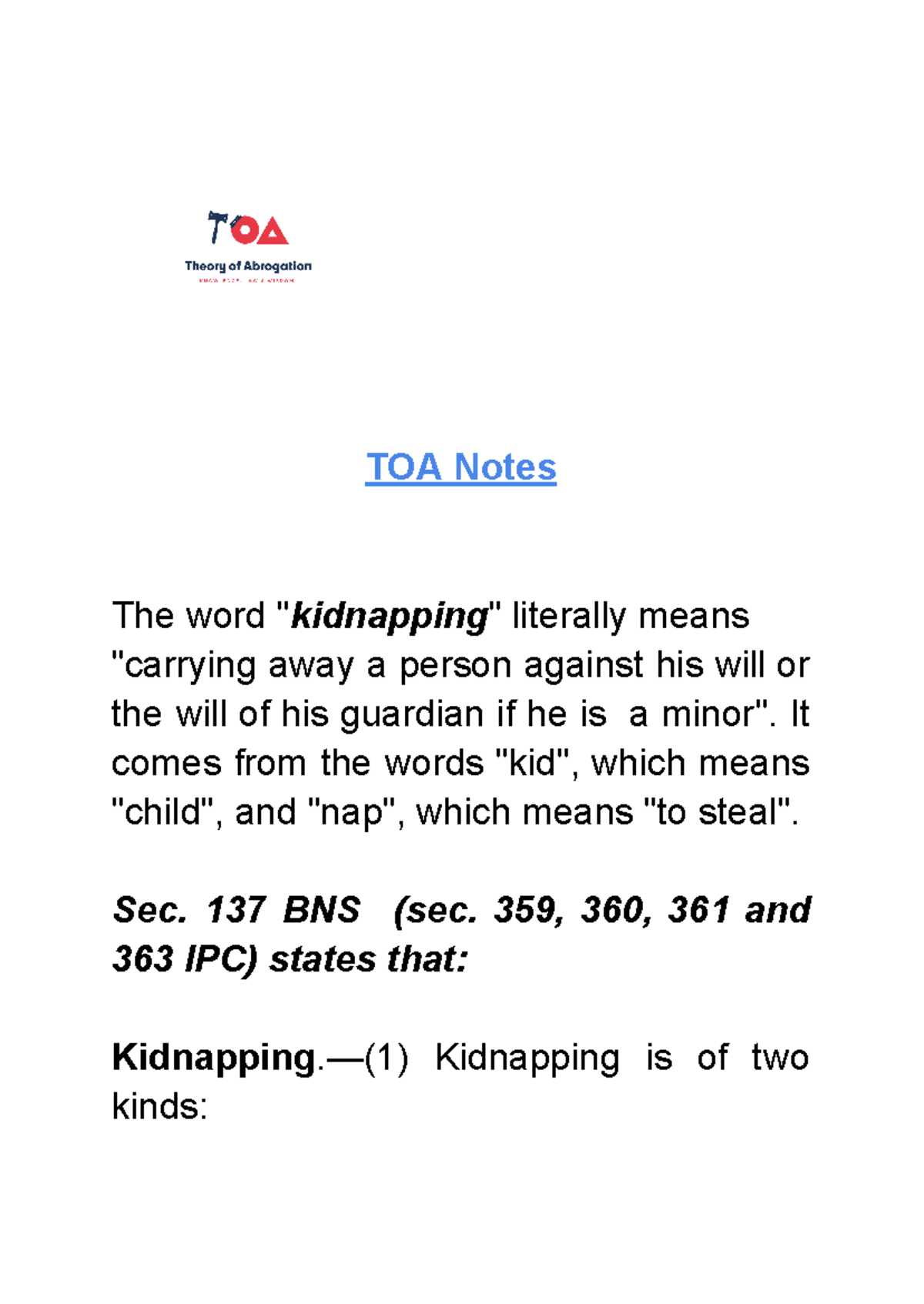Sec. 137 BNS Kidnapping - TOA Notes The word 
