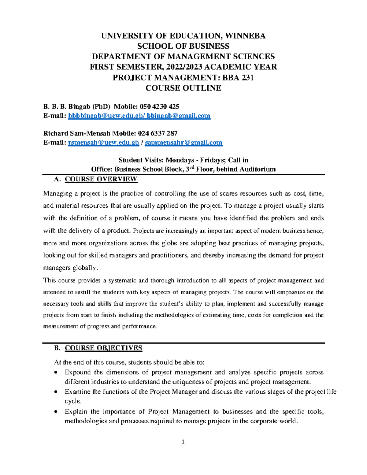 BBA 231 Project Management Course Outline & Q&A - 2022/2023 - Studocu