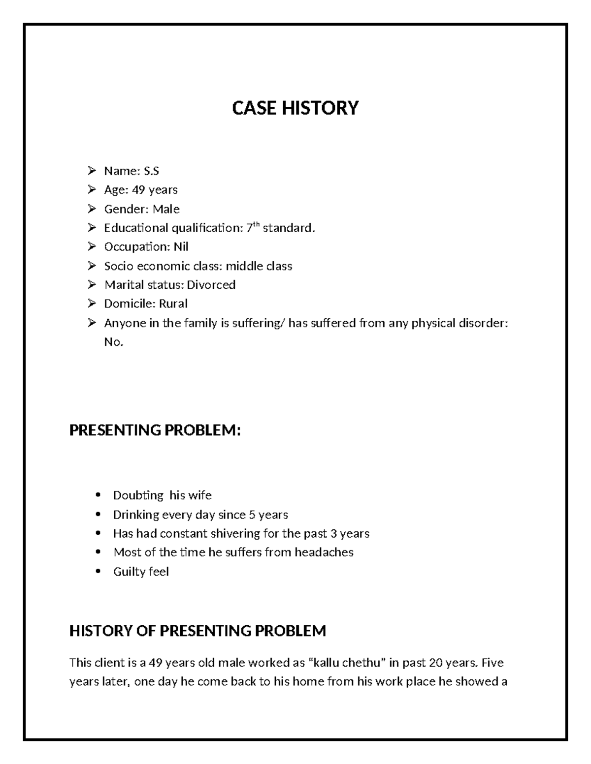 CASE STUDY: Alcoholism and Relationship Issues of S.S (Age 49) - Studocu