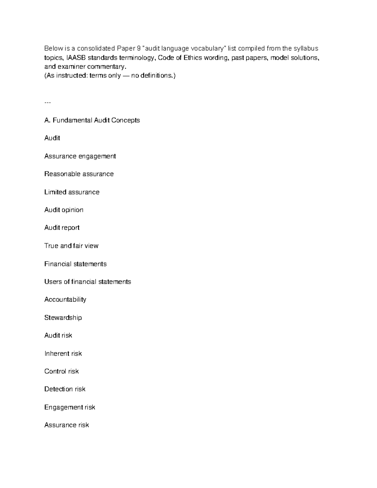 Audit Language - Summaries for Paper 9: Key Terms and Concepts - Studocu