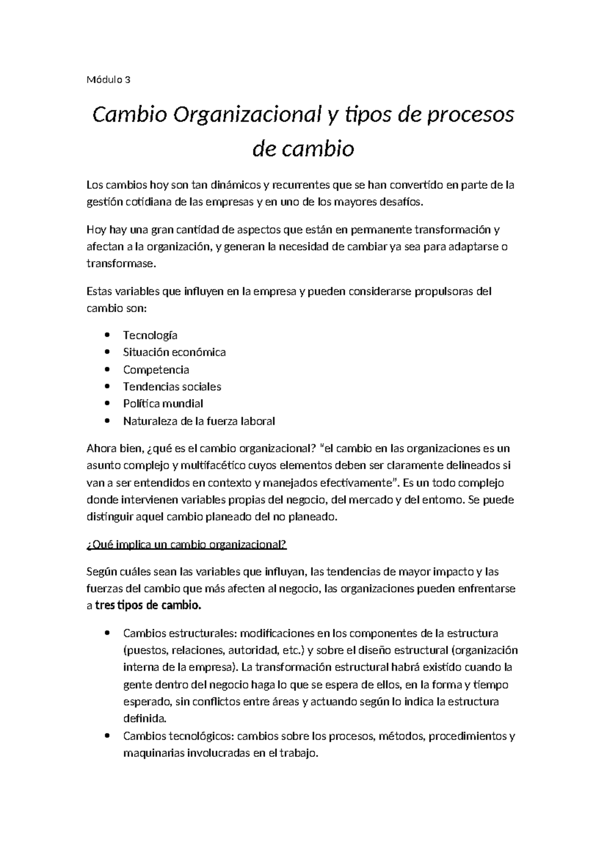 Módulo 3 - Cambio Organizacional y Procesos de Transformación - Studocu