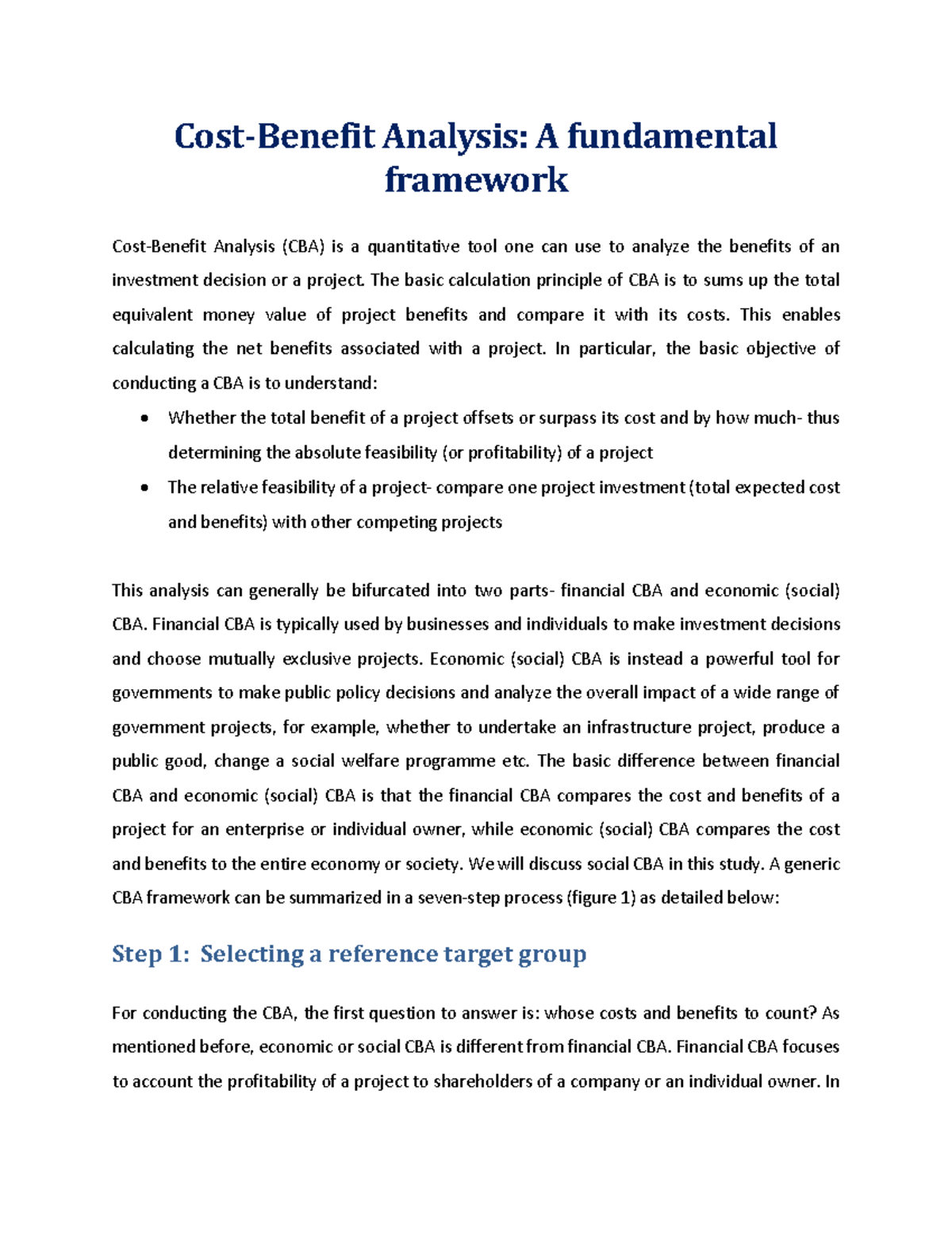 CBA Framework: Comprehensive Guide to Cost-Benefit Analysis - Studocu