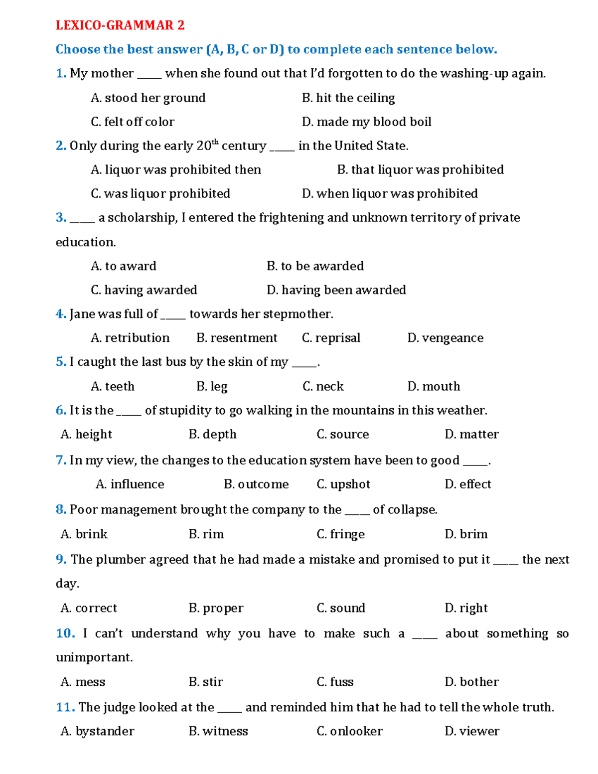 Top 100 Lexical and Grammar Questions for Class 12222 Students - Studocu